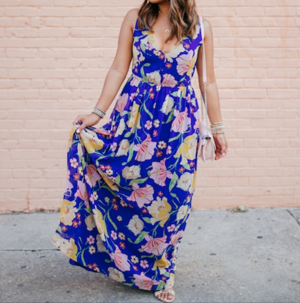 Modcloth Blue Floral Babydoll Maxi Dress‎ Size M Spring Summer Wedding Easter